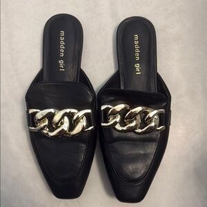Madden Girl Black and Gold Chain Mules